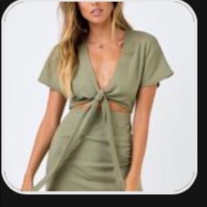 Khaki/Olive Green Front Tie Mini Dress